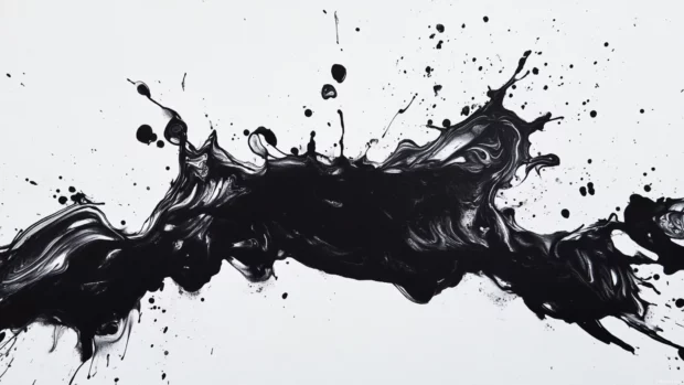 Black ink splash on white canvas.