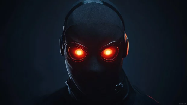 Black mask with glowing red eyes.