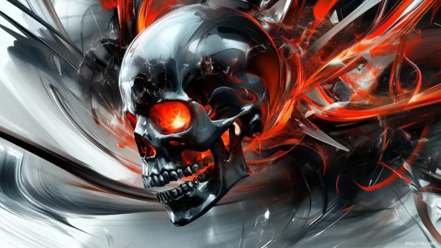 Black metallic skull with fiery reflections, abstract elements, sleek modern style.