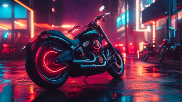 Black motorcycle under neon lights.