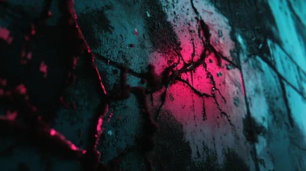 Black neon cracks spreading across abandoned walls.