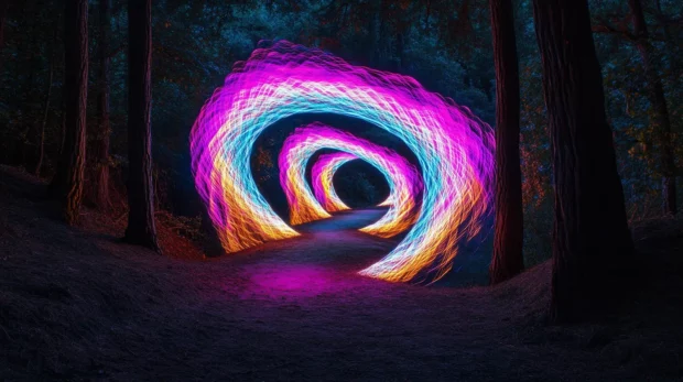 Black neon dreamscape wallpaper, Spiraling vortex of neon against pure darkness.