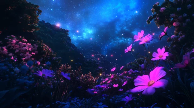 Black neon garden blooming under starlit sky.