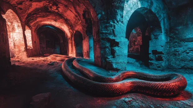 Black neon snake winding through stone ruins.