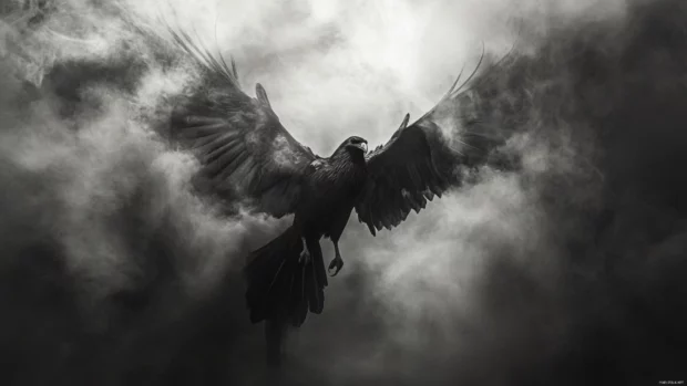 Black phoenix rising in smoke.