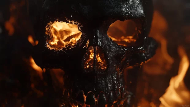 Black skull reflecting flames with detailed contours.