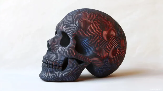 Black skull with geometric carvings, subtle red or blue glow.