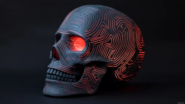 Black skull with geometric patterns, glowing with red or blue accents.