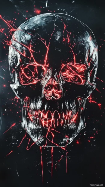 Black skull with glowing veins and graffiti blade forms.