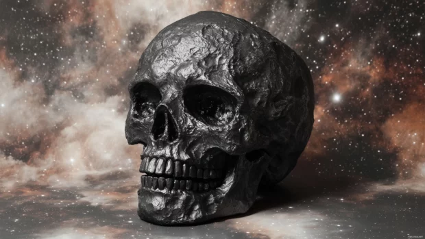 Black skull with matte textures, stars, and cosmic background, surreal style.