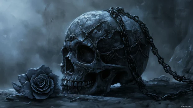 Black skull with metal textures, chains, dark roses, shadowy smoky backdrop.
