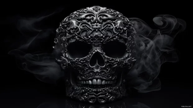 Black skull with ornate engravings, glowing smoke effects.