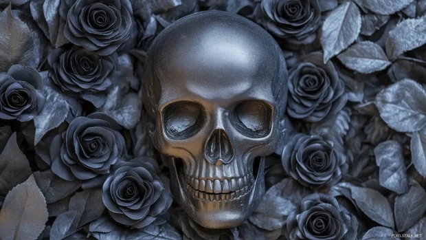Black skull with swirling shadows, black roses, gothic romantic effect.