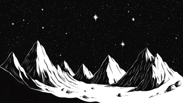 Black starry clusters framing isolated mountains.