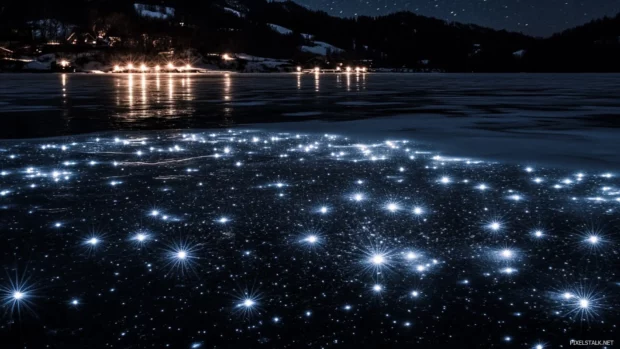 Black starry mirrors sparkling across frozen lakes.