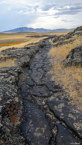 Black starry paths meandering through rocky steppes.
