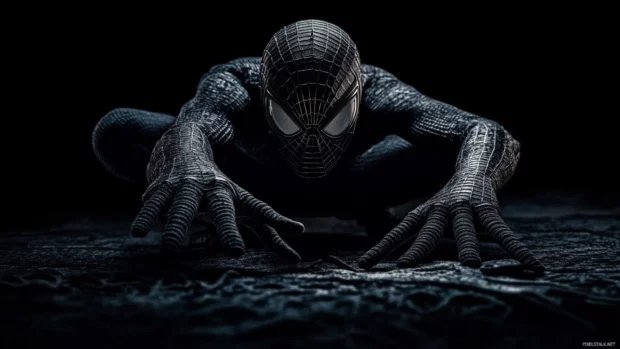 Black suit Spider Man in a stealth mode setting, dramatic tone for dark themed PC wallpapers.