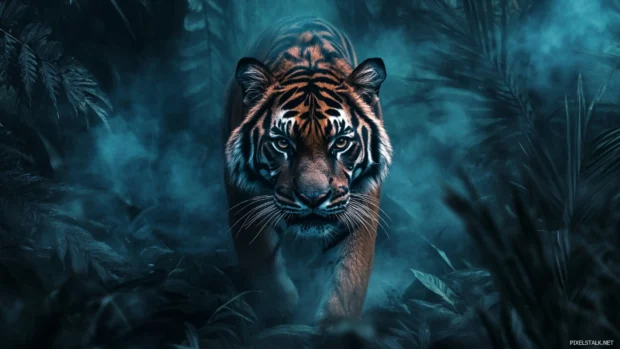 Black tiger emerging from a dense jungle mist.