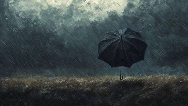 Black umbrella in the storm.