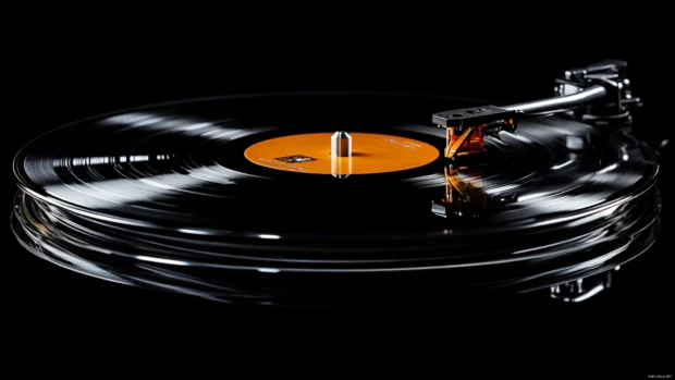Black vinyl record spinning alone.