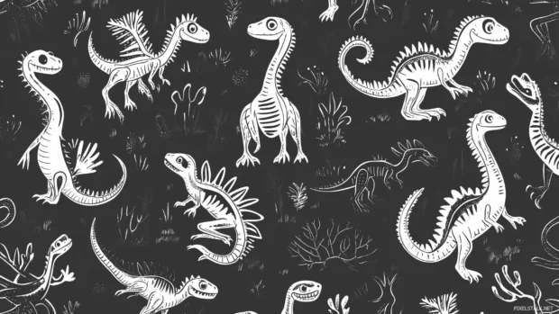 Black wallpaper filled with cartoon dinosaur skeletons in white outline, creating a playful yet educational fossil theme for kids.