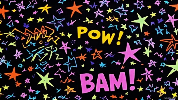 Black wallpaper with brightly colored comic book style POW! and BAM! words, lightning bolts, and stars, creating a superhero theme that fun and engaging for kids.