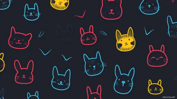 Black wallpaper with little neon colored animals like cats, dogs, and rabbits with friendly expressions, creating a playful and modern look.