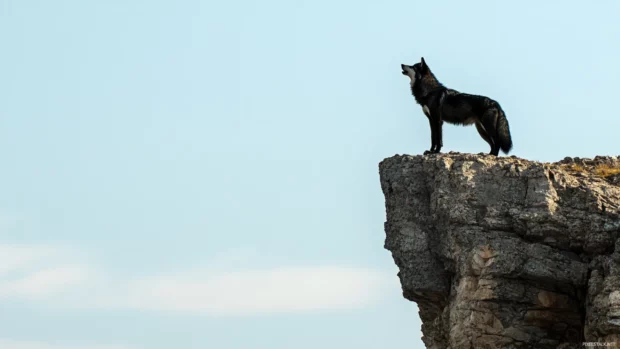 Black wolf howling on cliff.