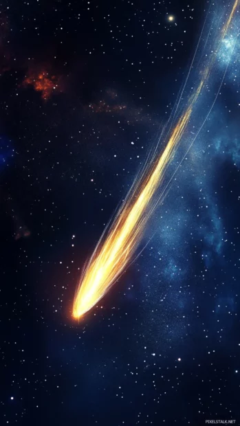 Blazing comet trails crossing a black starry background.