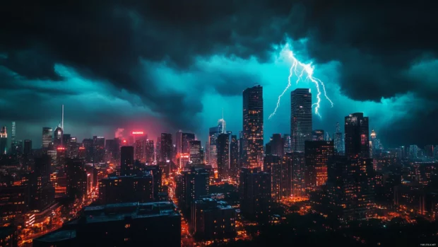 Blazing neon city skyline under stormy night, Blade runner neon aesthetic.