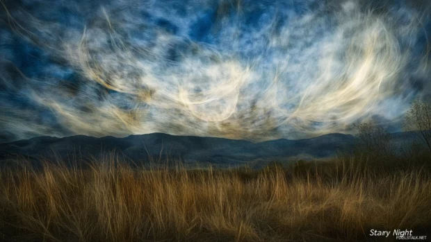 Blending modern photographic elements with his signature impressionist style, a surreal version of Van Gogh Starry Night features exaggerated swirling skies and glowing stars.