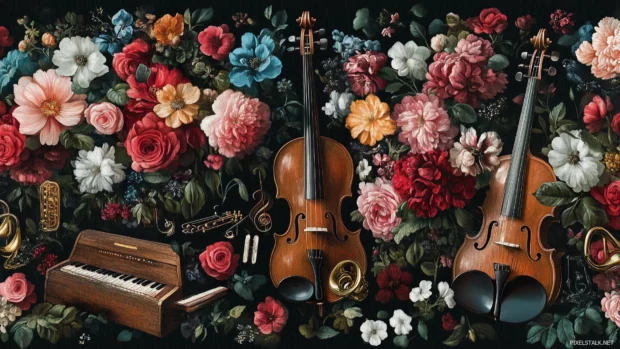 Blending nature and music repeating design floral patterns intertwined with musical notes and instruments harmonious and artistic way.