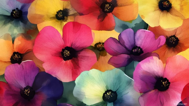 Blooming floral watercolor background with a variety of colors.