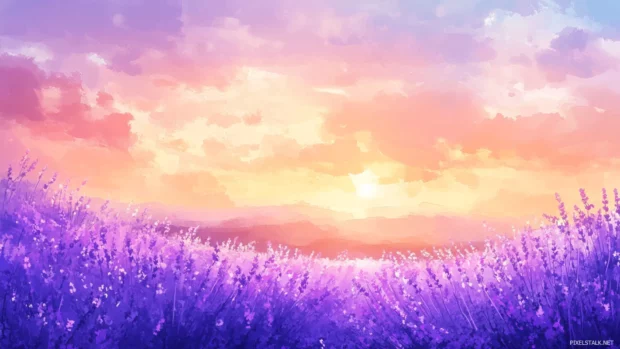 Blooming lavender stretching to the horizon under a watercolor sunset sky.