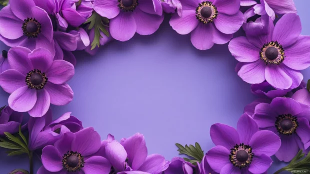 Blooming purple anemones forming a circular frame.