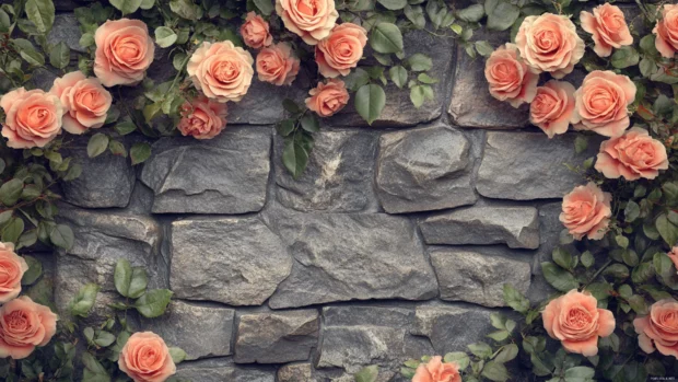 Blooming roses wallpaper, Pretty Roses cascading down stone wall.