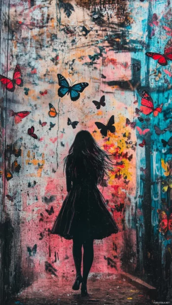Blossom girl walking under art graffiti butterflies.