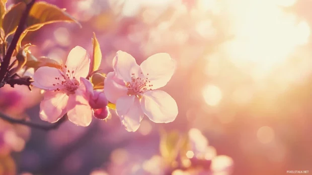 Blossoming orchard shining with pretty spring light.