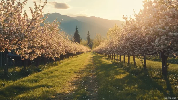 Blossoms cascading down from a pretty cherry orchard.