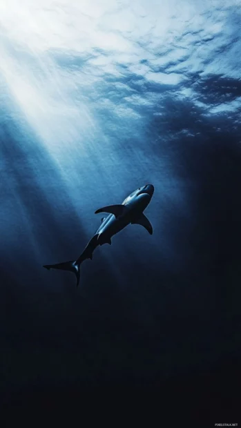 Blue aesthetic shark wallpaper with deep ocean tones and minimalist style.
