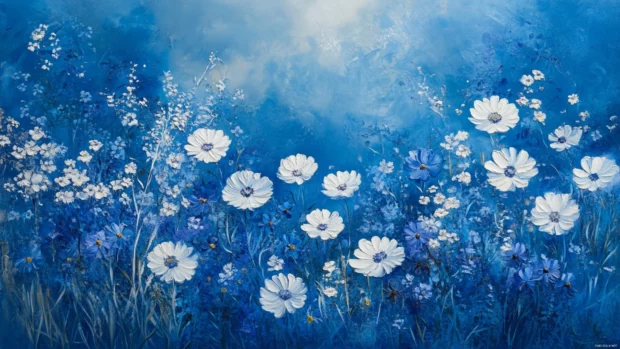 Blue and white wildflowers layered as floral themed wallpaper background for PC.