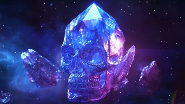 Blue crystal skull, light refracting, prism effects, shimmering particles, cosmic background.