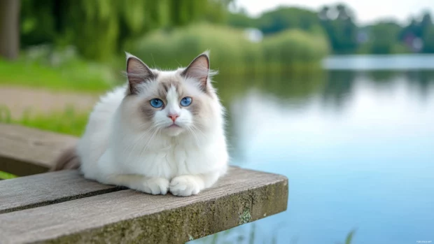 Blue eyed Ragdoll cat perched on a wooden bench by the lake.