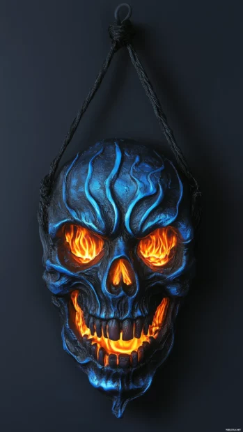 Blue fire skull, glowing eyes, black background, hyperrealistic.