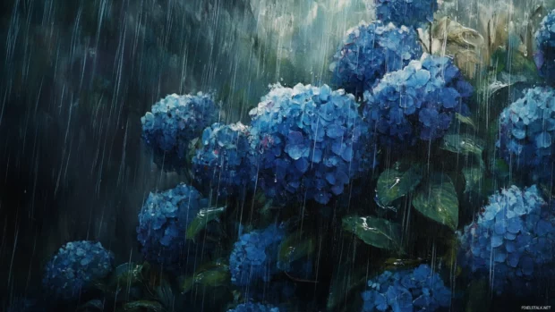 Blue hydrangeas under the rain.