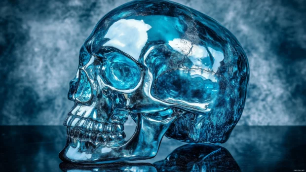 Blue metallic skull, illuminated with blue and silver, set against dark grunge background.