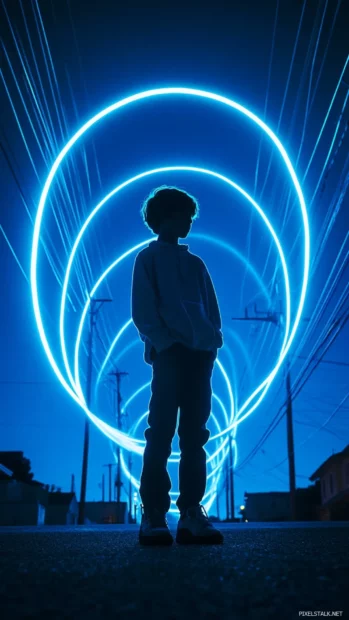 Blue neon arcs surround a boy striking a calm pose beneath power lines.