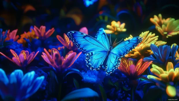 Blue neon butterfly hovering over glowing flowers.
