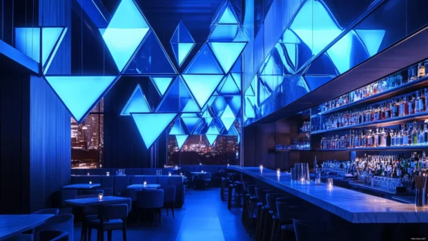 Blue neon cityscape wallpaper, Geometric neon blue triangles suspended in air.