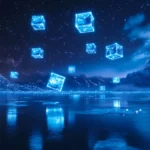 Blue neon cubes levitating above frozen lake.
